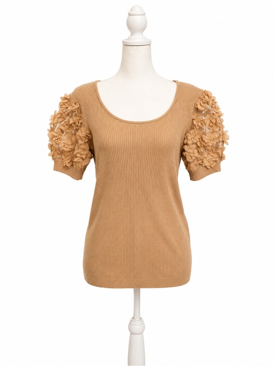 None Tops - Floral Puff Sleeve Ribbed Top - Camel